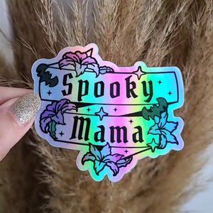 Spooky Mama Holographic Vinyl Sticker, Witch, Bats